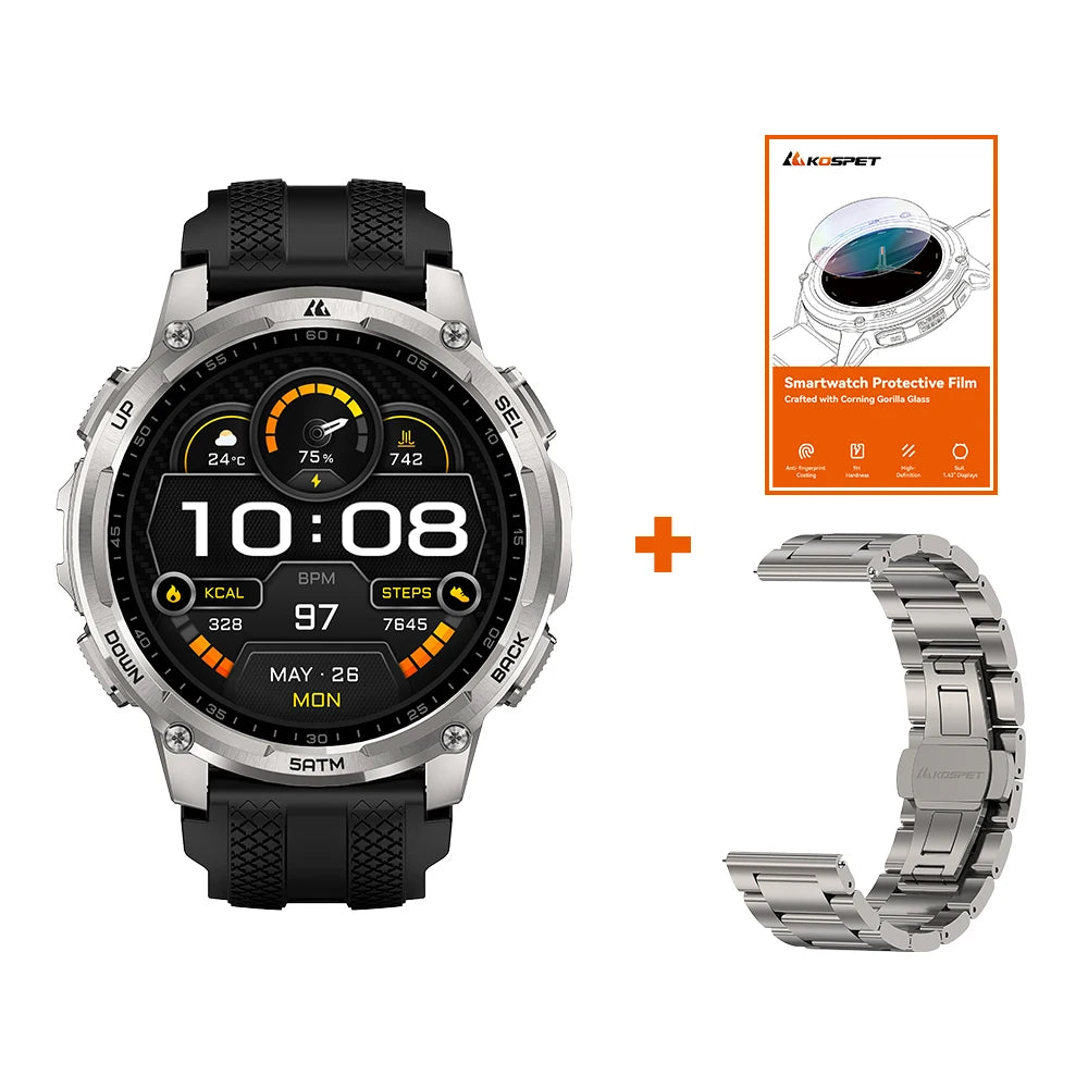 KOSPET TANK T4C Smartwatch Men's Outdoor GPS Watch with Bright LED Flashlight 5ATM Water-Resistant for Swimming Military Tough