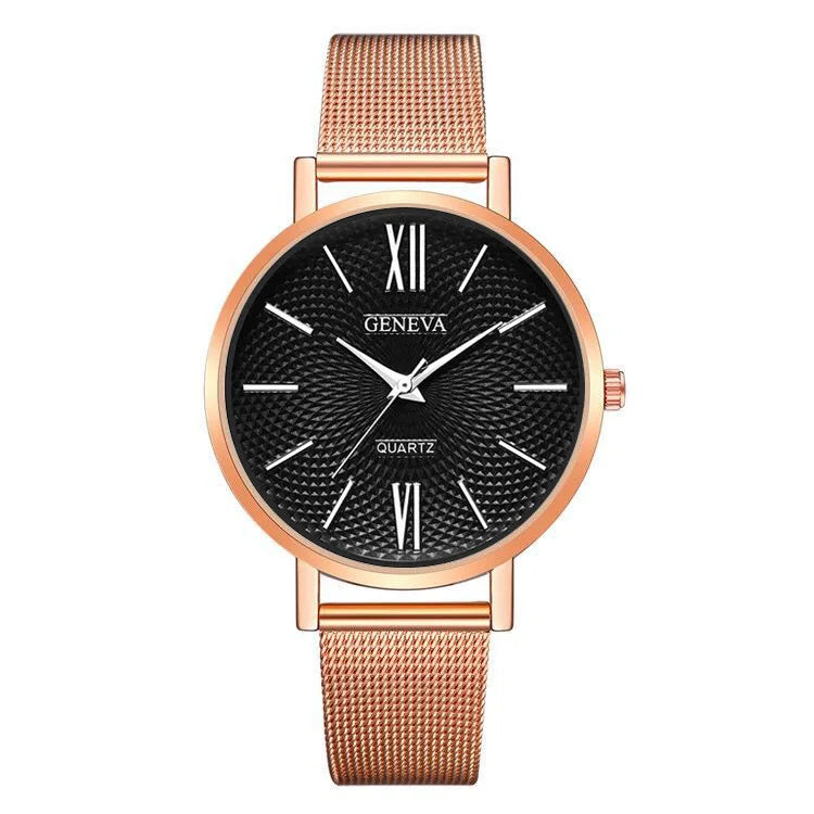 2021 New Geneva Watch Women Black Watches Stainless Steel Mesh Band Quartz Wristwatches Casual Ladies Watches Cheap Price
