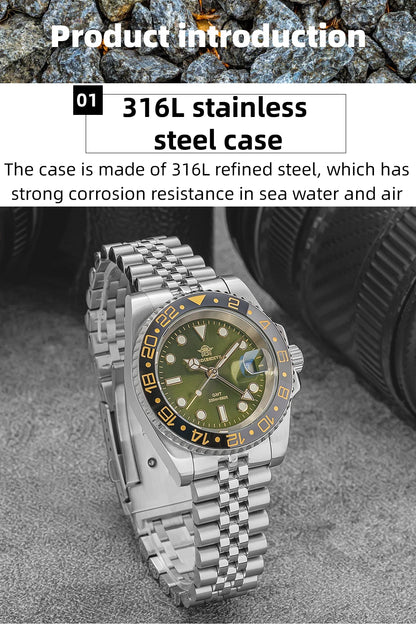 ADDIESDIVE Watch For Men Quartz GMT 20Bar Waterproof BGW9 Super Luminous 316L Stainless Steel Ceramic Bezel Watch