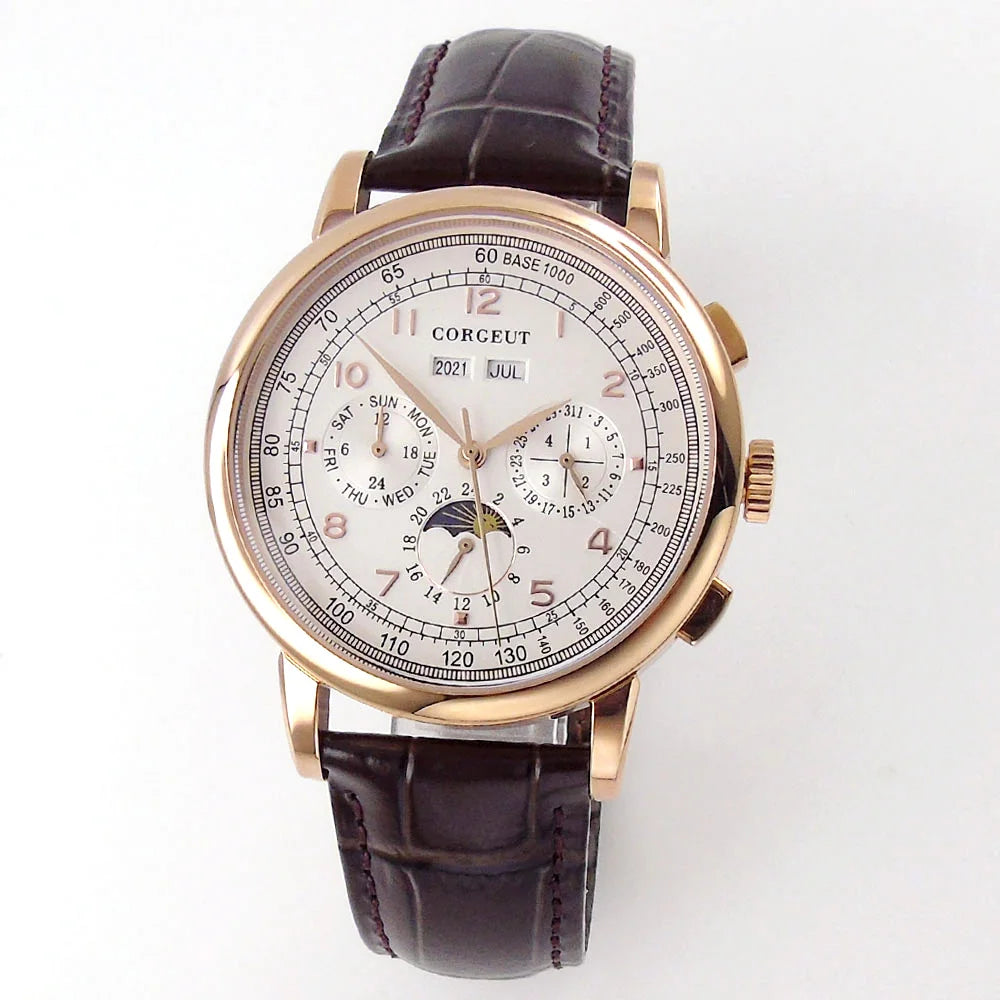 Corgeut Multi Functional Watch Automatic Mechanical Watch for Men 42mm Day Date Month Year Day/Night ST1655 Movt Polished Case