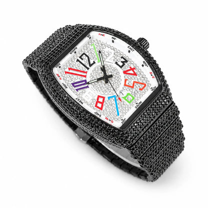 Men's Luxury Barrel-Shaped Quartz Watch With Black Iced Diamond Rainbow Number Dial Luminous Hands Watches For Man Dropshipping