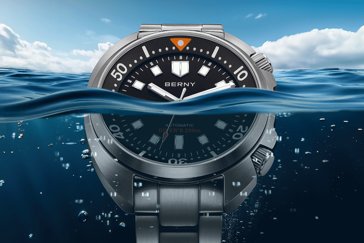 BERNY Automatic Dual Crown Diver Watch For Men Super Luminous Miyota 8215 Sapphire Swim Sport 20ATM Mechanical Men's Dive Watch