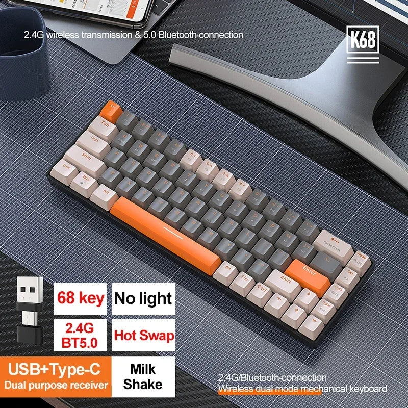 Bezdrôtová herná mechanická klávesnica K68 2,4 G/BT 5.0, 68 klávesov, Hotswap, mini herná mechanická klávesnica, klávesy z PBT, klávesnice s rozložením 65 %