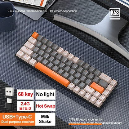 Bezdrôtová herná mechanická klávesnica K68 2,4 G/BT 5.0, 68 klávesov, Hotswap, mini herná mechanická klávesnica, klávesy z PBT, klávesnice s rozložením 65 %