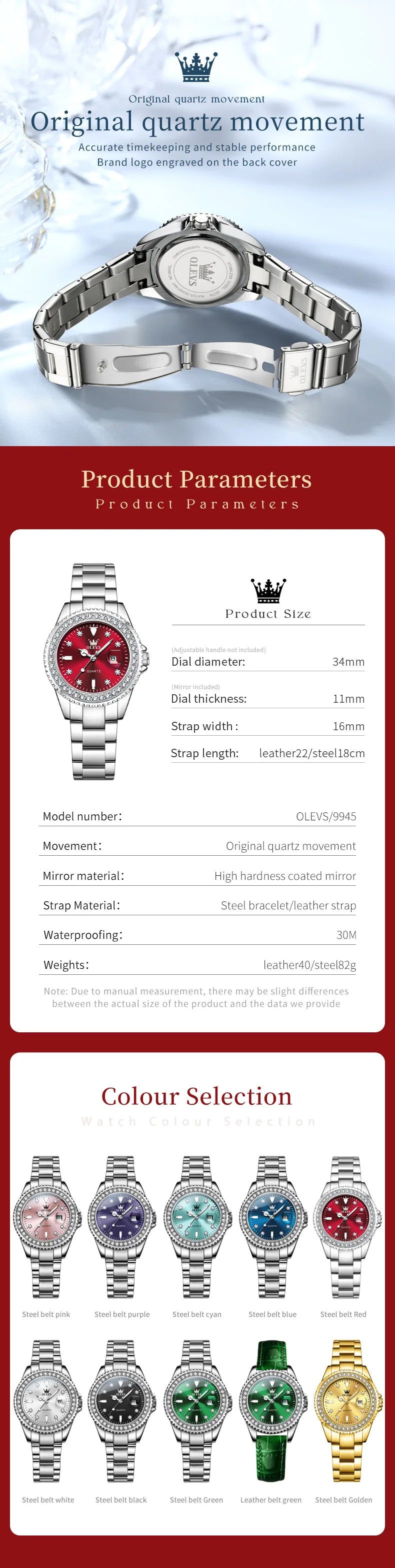 OLEVS 9945 Original Diamond Quartz Watch for Women Luxury Elegant Ladies Watches Stainless Steel Waterproof Women's Wristwatches