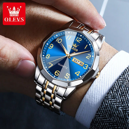 OLEVS 9970 Men Watch Original Brand Waterproof Luminous Quartz Watch Rhombus Mirror Stainless Steel Date-Day-Date Watch With Box