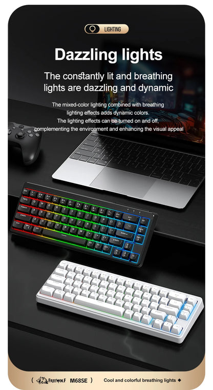 FREEWOLF M68SE 68% Mini Wired Keyboard RGB Backlit Silent Mechanical Feel Type-C Detachable Cable for PC Mac