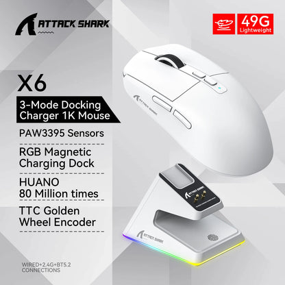 X6 Attack Shark Mouse RGB Touch Magnetic Charging Base Tri-Mode Connection Macro Pro Gaming Mouse