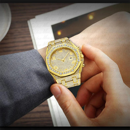 Gold Watches For Men Full Iced Diamond Men's Quartz Watch Luxury Fashion Calendar Wristwatch Dropshipping