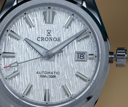 Cronos Men Watch 39mm Automatic Miyota 9015 Movement Wristwatches White Dial Birch Pattern Solid Links Sapphire 10 ATM L6040M