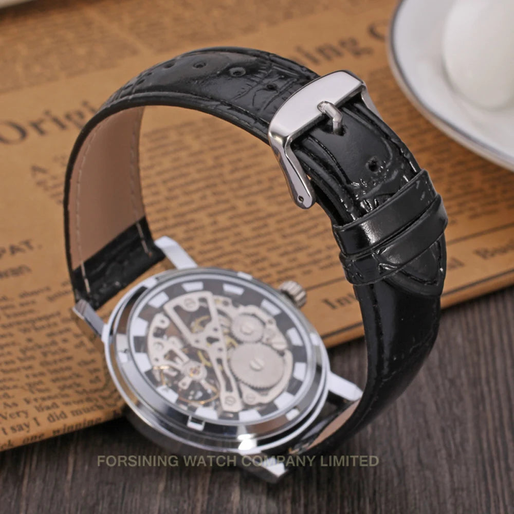 T-Winner Popular Lovers Skeleton Design Gold Watches Mechanical Hand Wind Movement PU Leather Strap Wristwatch for Men Women