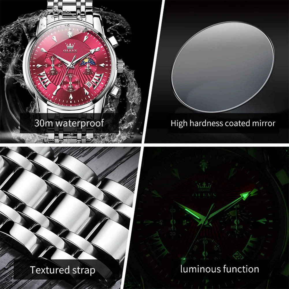 OLEVS Brand Fashion Red Watch for Men Luxury Sport Waterproof Stainless Steel Chronograph Quartz Watches Relogio Masculino