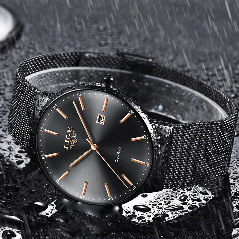 Relógio de homem LIGE, modelo elegante e luxuoso, ultrafino, estanque, com bracelete em malha, movimento de quartzo, indicação da data e calendário – ideal para um estilo profissional.