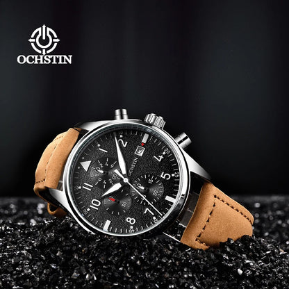 OCHSTIN Mens Watches Quartz Chronograph Men Watch Pilot Sport Male Fashion Wristwatch Top Brand Luxury Leather Waterproof Clock