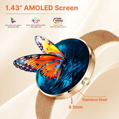 MEVADEN 8.5mm Ultra-thin Luxury Stainless Steel Smart Watch Women 1.43" AMOLED HD Screen Health Monitor Sport Smartwatch H33