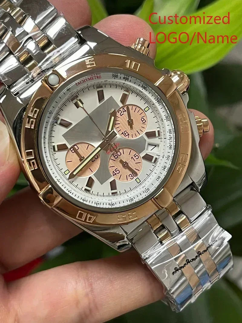 A989 Store Customized Watch Fashion Sport Quartz Watch for Men Chronograph Sapphire Glass Silver Rose Rotating Bezel
