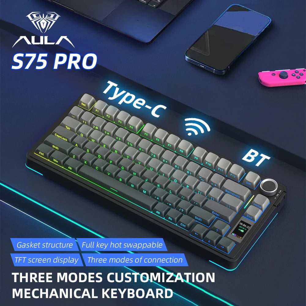 AULA S75 PRO Wireless Mechanical Keyboard with Screen Knob 75% Hot Swappable Gaming Keyboard with Pre-lubed Switches RGB Backlit
