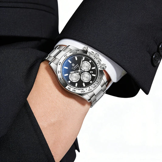 Relógio mecânico automático para homem, estilo «business casual», cor prateada, resistente à água até 3 ATM, multifunções.
