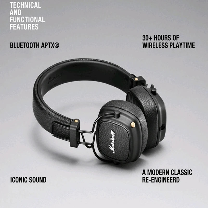 Marshall Major III Wireless Bluetooth Headphones – Deep Bass, Noise Cancelling, Foldable Over-Ear Headset with Microphone