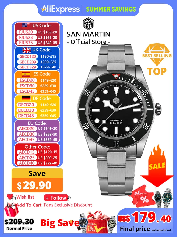 San Martin Upgraded BB58 40mm Retro Luxury Men Diver Watch NH35 Automatic Mechanical Sapphire 200m Waterproof Reloj SN0008D