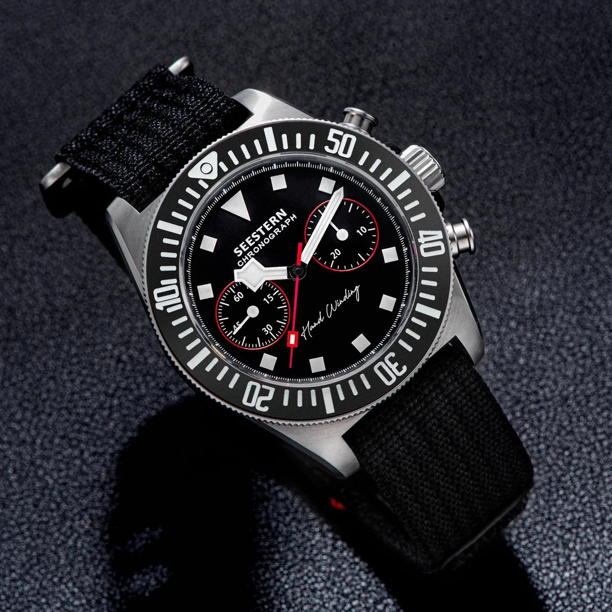SEESTERN Chronograph Herren-Mechanikuhr Tianjin ST1901 Uhrwerk Saphirglas-Armbanduhr mit Nylon-Klettarmband, Leuchtzeigern und Skelettdesign