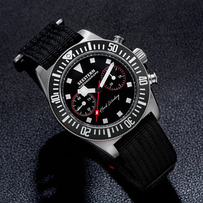 SEESTERN Chronograph Herren-Mechanikuhr Tianjin ST1901 Uhrwerk Saphirglas-Armbanduhr mit Nylon-Klettarmband, Leuchtzeigern und Skelettdesign