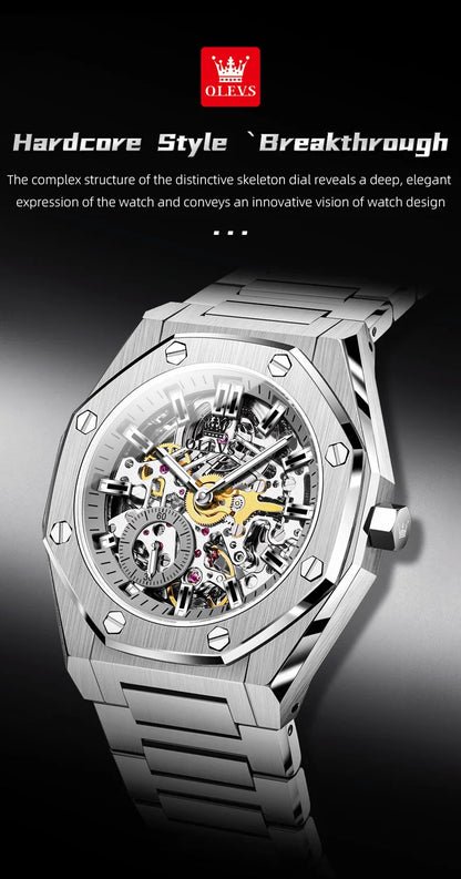 OLEVS Watches Luxury Man High Quality Original Fully Skeleton Automatic Mechanical Watch Stainless Steel Men Watches Gifts Box