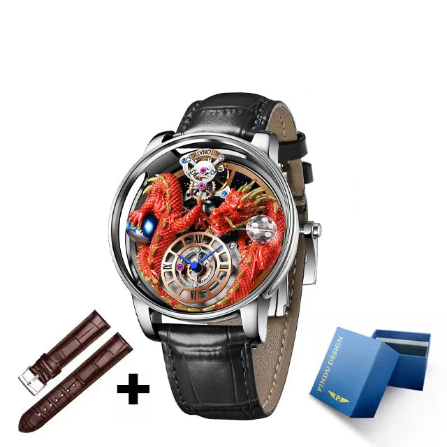 PINDU Fashion Roman Numeral Display Mineral Tempered Glass Material Quartz Movement 3ATM Waterproof Celestial Dragon Men's Watch