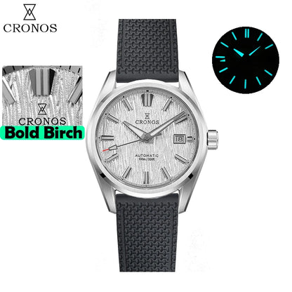 Cronos Men Watch 39mm Automatic Miyota 9015 Movement Wristwatches White Dial Birch Pattern Solid Links Sapphire 10 ATM L6040M
