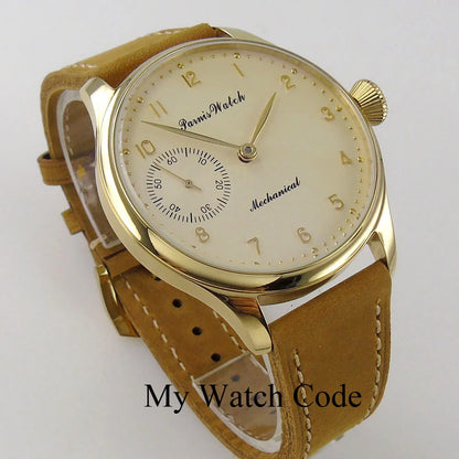 Vintage PARNIS Mechanical Hand Winding Watch Men Gold 44mm Steel Wristwatch Sport 17 Jewels 6497 Movtt Khaki Band Glass Back