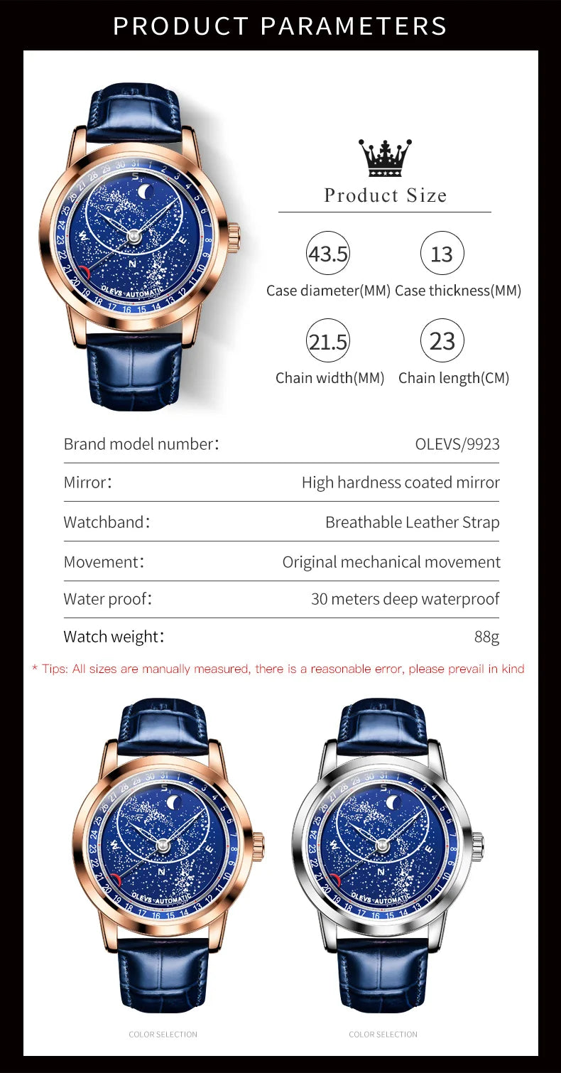 OLEVS 9923 Men's Watches Moon Phase Automatic Mechanical Watch for Man Blue Leather Luxury Dress Waterproof Luminous Wristwatch