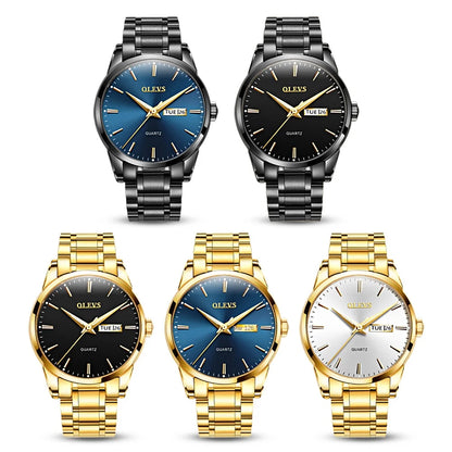 Reloj para hombre OLEVS: reloj de pulsera de cuarzo de acero inoxidable, resistente al agua, dorado, elegante y luminoso, accesorio de lujo para hombre