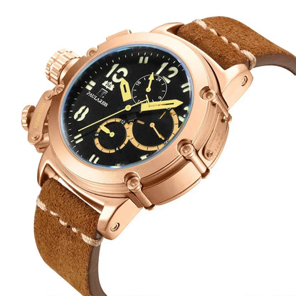 Automatic Watches for Men Mechanical Self Wind Genuine Leather Multifunction Date Boat Month Gold Bronze U Reloj Hombre Baratos