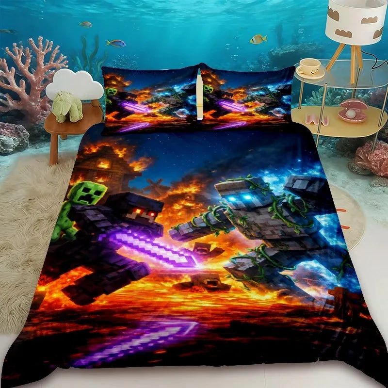 Minecraft 2/3pcs Duvet Cover Cute Cartoon Game Quilt Cover Bedding Set with 1/2 Pillowcase Gifts Bedroom Dormitory