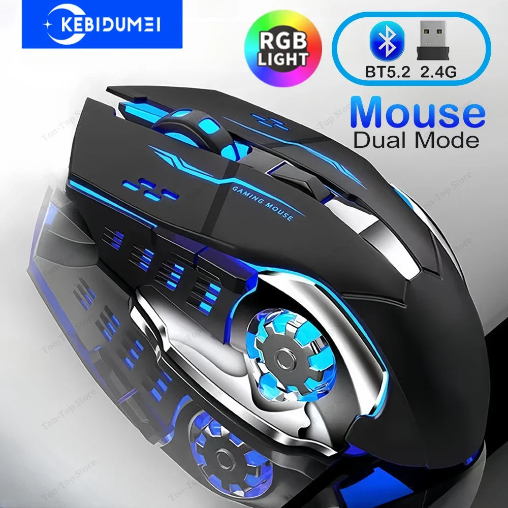 KEBIDUMEI dvourežimová myš Bluetooth 5.2, bezdrátová myš 2.4G, RGB herní myš, dobíjecí tichá myš 3600 DPI pro notebooky