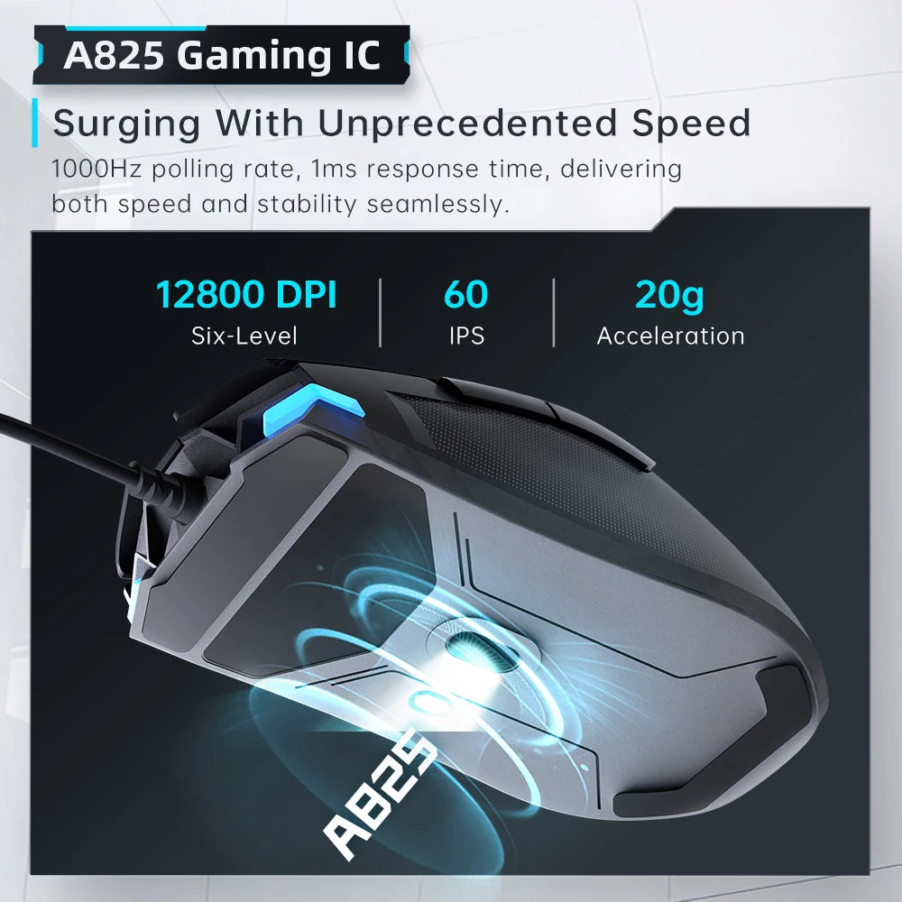 Machenike M7Pro kablet gamingmus USB Instant A825 12800DPI 1000Hz 7 knapper 65g RGB til bærbar PC gamer-mus