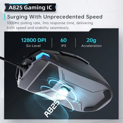 Machenike M7Pro kablet gamingmus USB Instant A825 12800DPI 1000Hz 7 knapper 65g RGB til bærbar PC gamer-mus