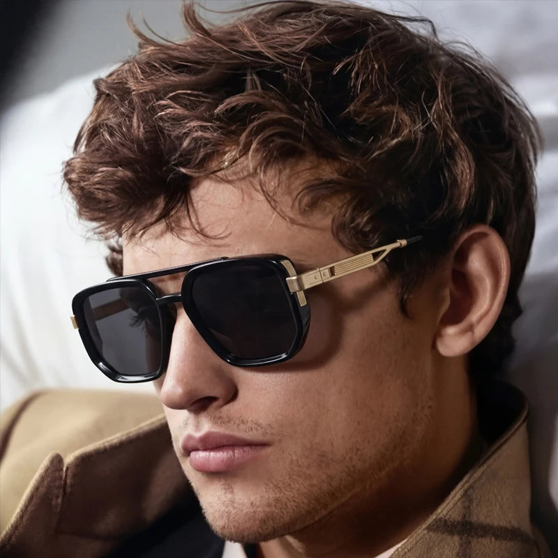 Ochelari de soare pătrați polarizați pentru bărbați, de lux, în stil vintage, cu punte dublă, lentile cu gradient, ochelari de soare pentru șofat, ochelari de soare retro cu partea superioară plată, pentru bărbați