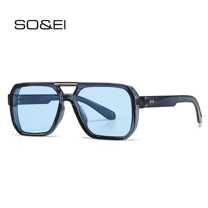 Ochelari de soare SO&EI Fashion cu rame duble, pătrați, pentru femei, stil retro cu nituri, nuanțe de albastru ceai, protecție UV400, ochelari de soare cu gradient pentru bărbați, pentru activități în aer liber