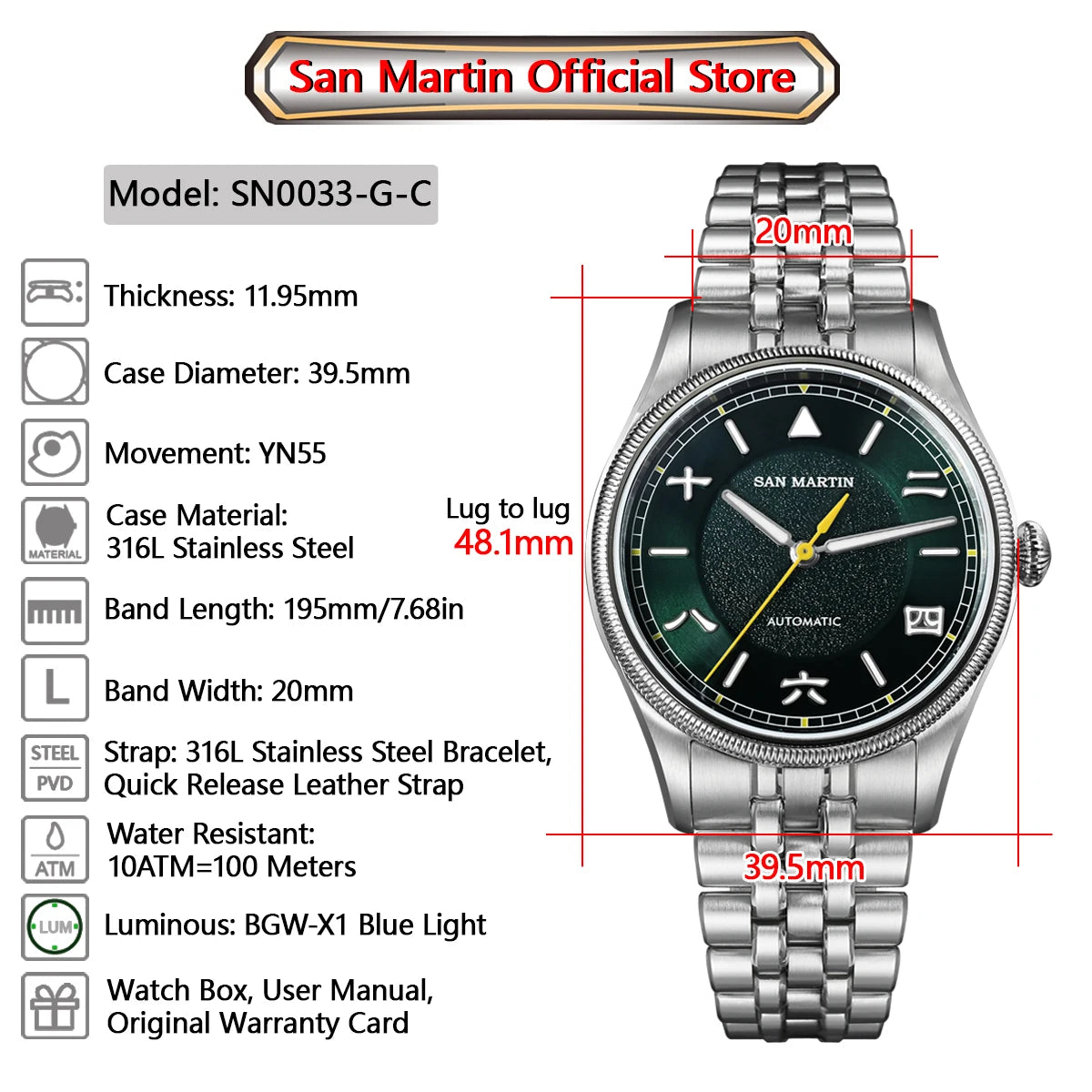 San Martin 39.5mm Men Pilot Watch YN55 Automatic Mechanical Aviation Watches Chinese Style Original Design SN0033 Field Reloj