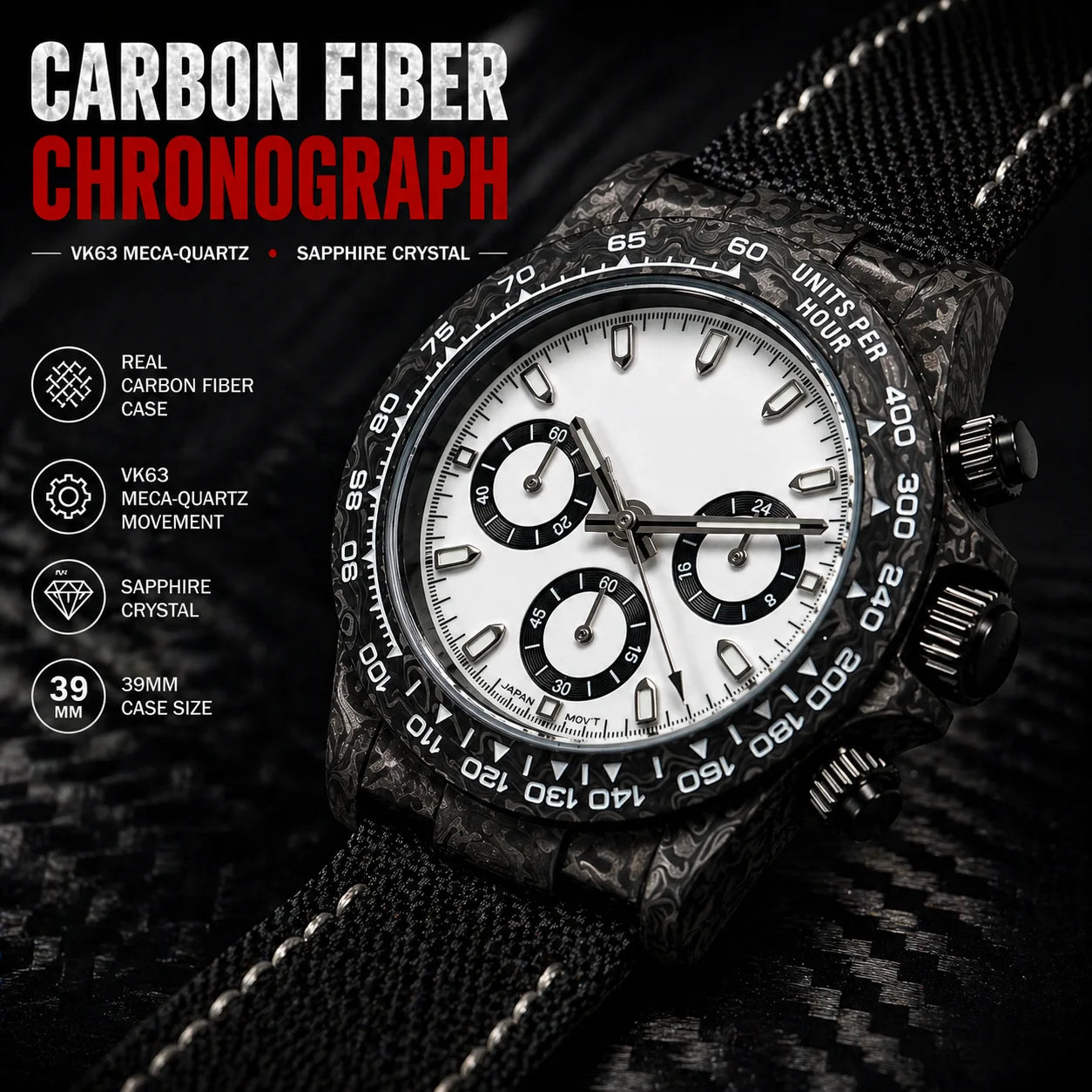 39mm Carbon Fiber Panda Chronograph Watch VK63 Quartz Sapphire Crystal Custom Logo Men's Sports Wristwatch