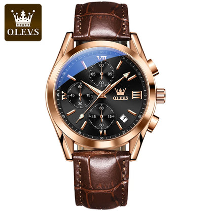 Relógio de pulso cronógrafo para homem OLEVS 2872 – Pulseira em pele, resistente à água, ponteiros luminescentes, movimento de quartzo, estilo desportivo de luxo