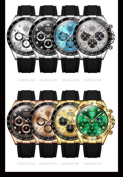 OLEVS 2875 Quartz Watch for Men Original Luxury Brand Silicone Strap Chronograph Auto Date Waterproof Moon Phase Sport Man Watch