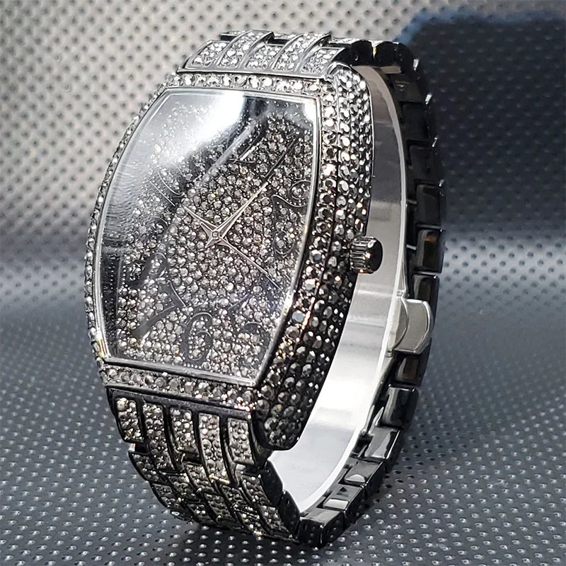 Stainless Steel Men's Watches Luxury Diamond Silver Iced Out Quartz Watch Top Brand 30M Waterproof Big Dial Tonneau Reloj Hombre