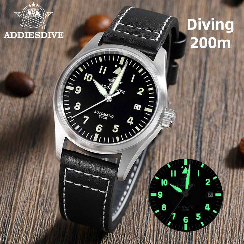 ADDIESDIVE Men's Automatic Mechanical Diving Watch 200m Waterproof C3 Ultra Bright Men's Watch Men's Leather Retro Watch AD2519
