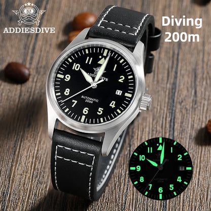 ADDIESDIVE Men's Automatic Mechanical Diving Watch 200m Waterproof C3 Ultra Bright Men's Watch Men's Leather Retro Watch AD2519