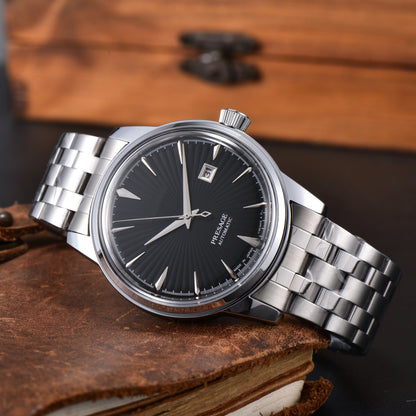 Luxury Retro Men's Self-Winding Automatic Mechanical Watch Radial Sunburst Textured Dial Single Calendar Date Window Polished Stainless Steel Link Bracelet Waterproof Business Dress Male Watch Silver Gold Two Tone Options