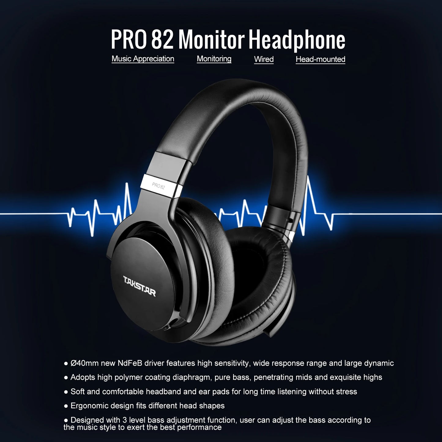 Auscultadores de Monitorização Profissional Takstar PRO82 – Headset de Estúdio HiFi Estéreo com Fio para Gravação, Gaming e Som de Precisão com Graves Ajustáveis