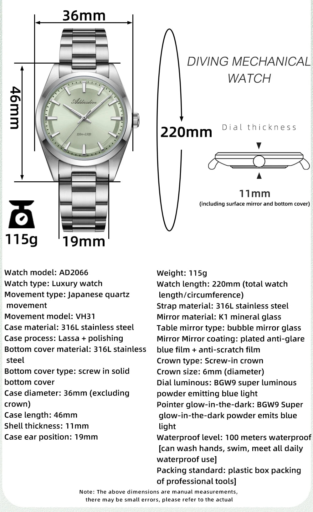 ADDIESDIVE Luxury Men's Steel Watch Bubble Mirror Glass Quartz Watch BGW9 Blue Luminous 100ATM Analog Watch Reloj Hombre AD2066