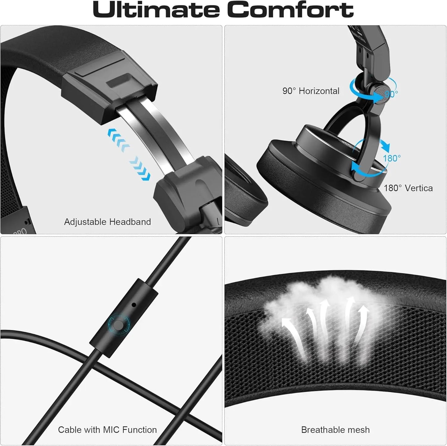 PUPGSIS Studio Monitor Headphones Wired Over Ear DJ Headphones with Microphone, 50mm Driver Hi-Res Audio, Professional Recording Headset